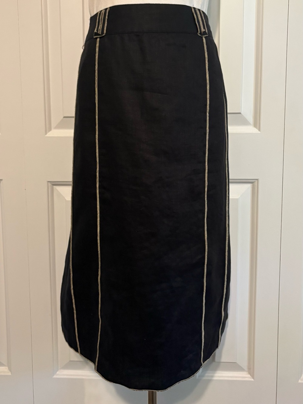 WILLI SMITH Black Linen Pencil Skirt with Tan Decorative Stitching